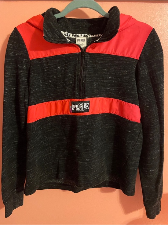 PINK Victoria's Secret Tops - PINK Victoria's Secret Black Heather Pullover Hoodie with Bright Pink Panels